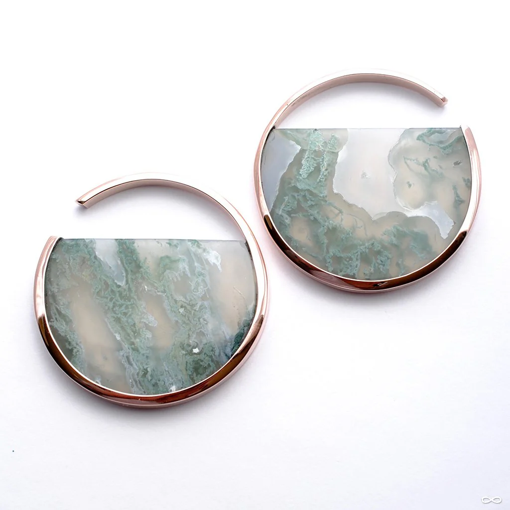 Large Muse Hoops in Rose Gold with Moss Agate from Buddha Jewelry