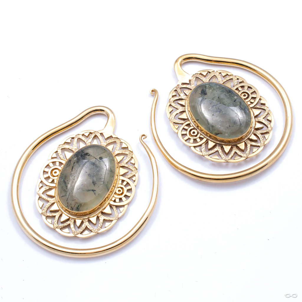 Oval Puj Ju Hoops in Brass with Prehnite from Diablo Organics