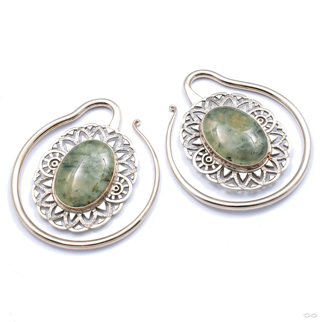 Oval Puj Ju Hoops in White Brass with Prehnite from Diablo Organics
